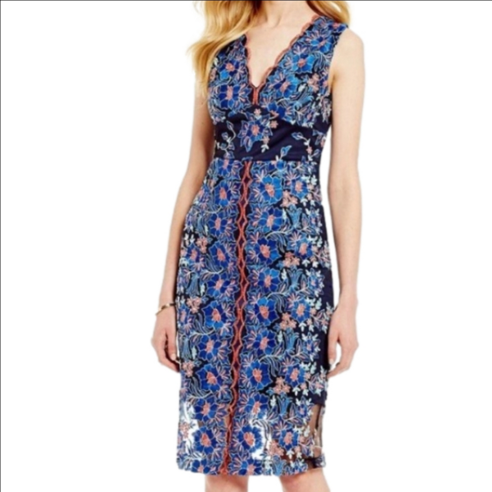 JAX Black Label Embroidered Midi Sheath Dress